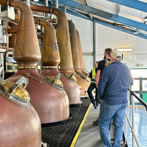 Tour group observes large copper distillery stills inside an industrial facility.