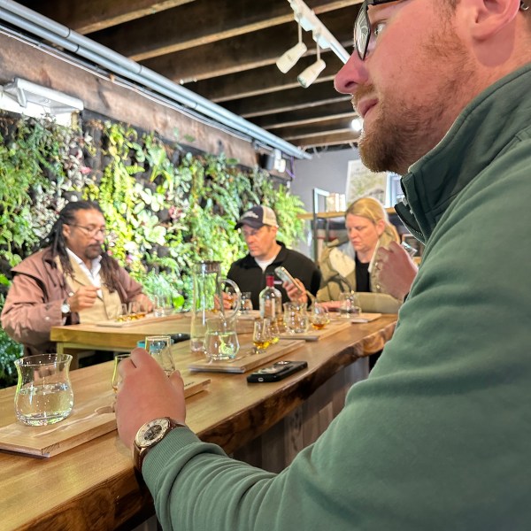 Group of people tasting drinks at a bar with wooden ceiling and green wall.